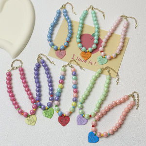 BEIERWA Cute Candy Bead Pet Necklace with Heart Pendant for Cats and Dogs Sweet Princess Style