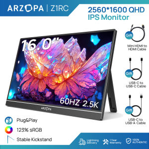 ARZOPA Z1RC - 16" 2.5K Portable Monitor 2560x1600 QHD IPS Display 123% sRGB with Built-in Stand USB-C HDMI Eye Care External Second Screen for Mac Laptop Phone PS4/5 Xbox Switch