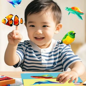 SHEBE668 กระดาษสำหรับตกแต่ง หนังสือสติกเกอร์รูปทรงเรขาคณิต3D งานทำมือ ของเล่นเพื่อการศึกษา หนังสือสติ๊กเกอร์รูปสัตว์ หนังสือเกม DIY น่ารักน่ารักๆ ชุดวัสดุสำหรับวางแบบทำมือ ของขวัญวันเกิดของขวัญ