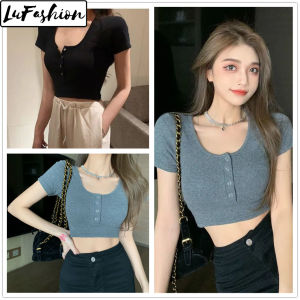 LuFashion Blouse for Woman Summer Slim U Neck Short Sleeve Casual Crop Top