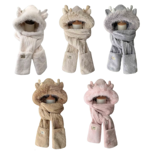 Furry Head Wrap Scarf Gloves for Women Thicken Neck Warmer Outdoor Wear Thicken for Winter Sports Cycling Skiing