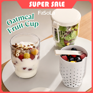 FaSoLa Portable Oatmeal Cup with Fork 800ml 2 In 1 with Drainer Yogurt Jar Lid Salad Fruit Cup