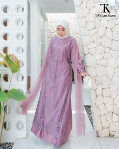 Hanum Dress Brukat Premium Kombinasi Tile Dot Warna Mahogany Gamis Brokat Mewah Elegant Dress Wanita