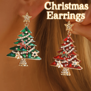 YOCKY Dripping Oil Christmas Tree Earrings Alloy Rhinestone Xmas Earrings Studs Trendy Tassel New Year Dangle Earrings Christmas