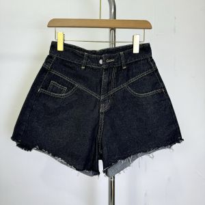 Quần đùi jean bigsize nữ lưng cao tua lai rách đen xanh Quần bò nữ một khuy ống rộng lật lai 58-93kg J5