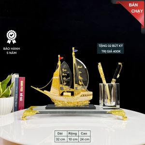 Ống Cắm Bút Hộp Đựng Bút Doanh Nhân Thuyền Thuận Buồm Xuôi Gió Đính Đá Chất Liệu Đồng Mạ Vàng 24K Hộp bút để bàn
