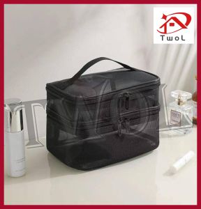 TWOL 1pcs Mesh Double Layer Makeup Bag Travel Portable Wash Bag Simple Cosmetics Storage Bag Toiletries Bag
