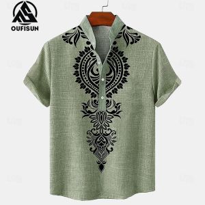 【Oufisun】Retro Shirt For Mens Ethnic Shirt Oversized Short-Sleeved Top Casual Mens Shirt