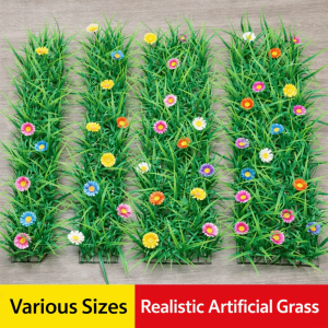 NUBE Green Grass Artificial Lawn Turf Mat With Flowers Green Turf Mat Creative Plastic Material Fake Green Plants Partition Decoration