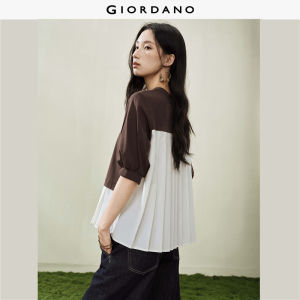 Giordano Women Knit woven pleated round neck five-quarter sleeve T-shirt - High Quality Free Shipping 18326608