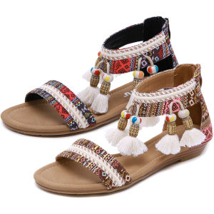36-42 Tassel Cotton Women Sandals Open Toe Flat Shoes Ladies Minority Outdoor Ladies Shoes for Office Wear Weeding Shoes Business Rubber Heel