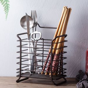 SINGLELADY Chopsticks tube Kitchen chopsticks storage rack Square double grid wrought iron chopsticks cage for hanging tableware racks