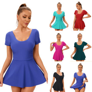 Womens Two Piece Swimdress Swimsuit Modest Tummy Control Slimming Bathing Suit Solid Swimwear for Summer