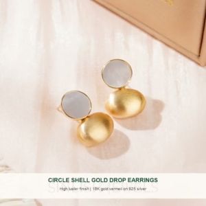 SINLISH Elegant Personalized Circle Shell Premium Earrings with 18K Gold Vermeil on 925 Silver (one pair)
