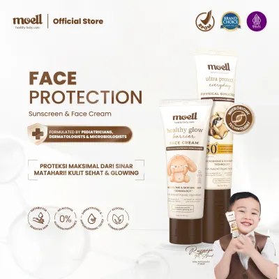 Moell Face Protection Sunscreen 30gr & Face Cream 40gr - Physical Sunscreen SPF 50(+) PA(++++) - Sunblock Anak & Bayi - Face Cream Pelembab Wajah Anak & Bayi Kulit Sensitif Ruam Eksim - Skincare Bayi & Anak