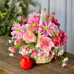 Hoa Giả Giỏ Hoa Lụa Giả Mây Đan Trang Trí Nhà Cửa Văn Phòng Làm Đạo Cụ Chụp Ảnh- (Mẫu 1-Dáng Tròn Tông Hồng Cam)