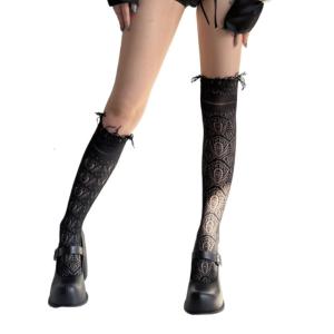 ถุงเท้ายาวน่องแหอวนไนล่อนยืดได้สำหรับผู้หญิงถุงเท้ายาวถึงเข่ามีพู่สีทึบผ้าแจ็คการ์ด