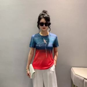 Ammin 2024 mùa hè cổ tròn mới thời trang màu gradient phù hợp với in bông T-Shirt của phụ nữ ngắn tay thường ngày cỡ lỡn Áo Blouse thanh lịch