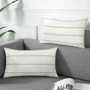 AmHoo 2  Set of Farmhouse Striped Plaid Pillow Covers Cotton Linen Decorative Pillow Covers Sofa Cushion Covers  45.72 x 45.72  cm dark gray beige