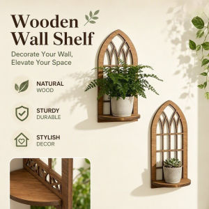 Vintage Gothic Window Wooden Wall Shelf Vintage Boho Wall Mount Plant Display Rack Home Decor Gift