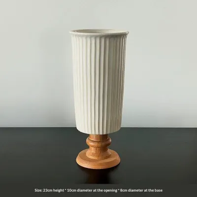Povasa French Style Relief Creative Ceramic Vase with Wooden Base Living Room Entrance Home Hotel Decoration Luxury Bedroom Decor