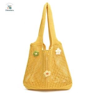 Women Knitted Tote Bag Crochet Shoulder Bag Large Capacity Woven Hobo Bag with Flower Decor Fashion Tote Handbags Simple Summer Bag