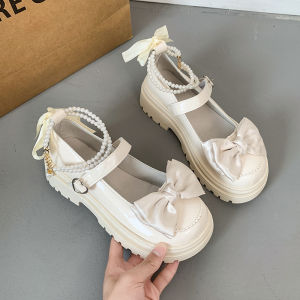 [Free Shipping] High-Heeled Shoes Chunky-Heeled Shoes WomenS Spring New Collection Beaded Bow-Knot Small Leather Shoes Flats