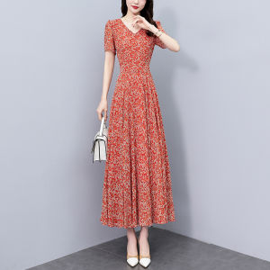 Impression Fashion Women Elegant Chiffon V-neck Short Sleeve Floral Slim Cutting Tunic High Waist Plus Size Long Dress