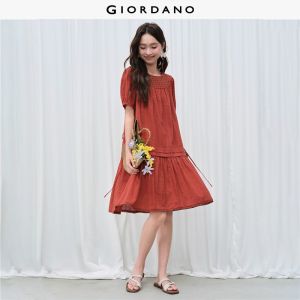 Giordano Women Broderie insert round neck tie waist dress Free Shipping 18466815