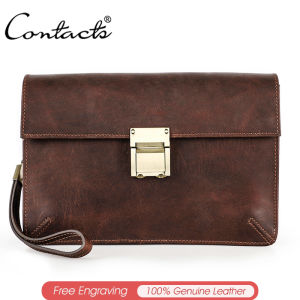 CONTACTS Retro Genuine Leather Mens Handbag with Wrist Strap Password Lock Mens Zipper Pocket Handbag Wallets