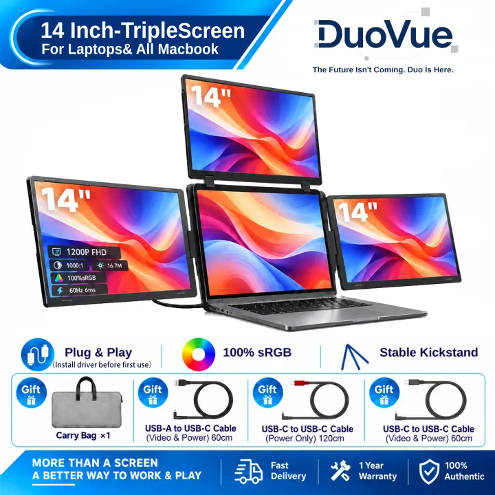 DuoVue 14"/15.6 inch DualScreen/TripleScreen portable monitor，Single Cable Connect ThreeDisplay Extender Portable Monitor 1080P IPS Triple Monitor for 14-16"