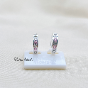 FLORA 0608B - Bông tai bạc ta đính đá vuông màu hồng trắng dành cho bé gái