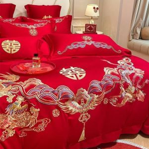 Four piece set of high-end Chinese dragon and phoenix wedding room embroidery all cotton wedding celebration four piece set of bright red pure cotton wedding celebration bedding (bed sheets * 1 duvet cover * 1 pillowcase * 2)