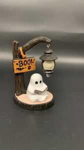 Whimsical Ghost Bookshelf Lantern Halloween Resin Ornament Cute Spooky Reading Book Figurine Nightlight Battery Powered Warm LED Glow Bedroom Living Room Decor