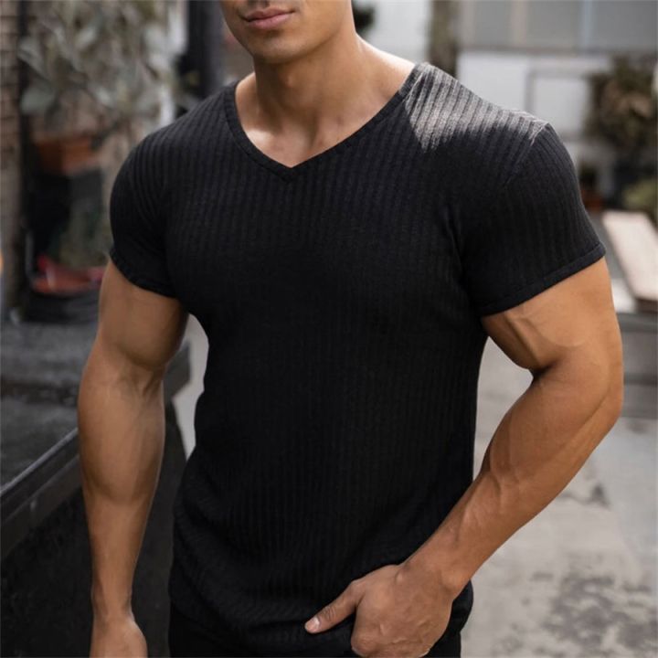 Men V Neck Short Sleeve T Shirt Slim Fit Sports Strips T-shirt Male