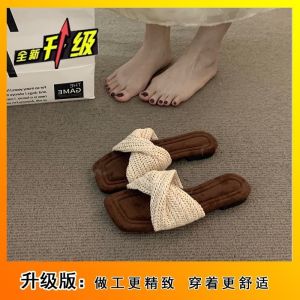 [Free Shipping] 2026 New Vintage Woven Thick-Soled Flat Sandals For Women Summer Casual Square-Toed Beach Slippers For Vacation