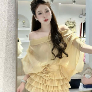 CR_ Set bánh bèo xinh xắn outfit dự tiệc set tiểu thư Tơ Ánh Kim áo trễ vai cách điệu kèm chân váy tầng ngắn đính hoa