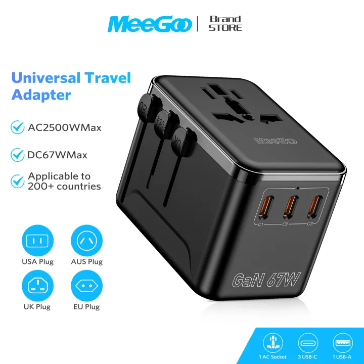 MeeGoo 67W GaN Universal Travel Adapter with USB+Type C International Plug Socket Charger Adaptor