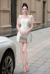 Đầm ren dáng ngắn thiết kế cổ tròn phối lưới có thắt eo NEWFASHION99