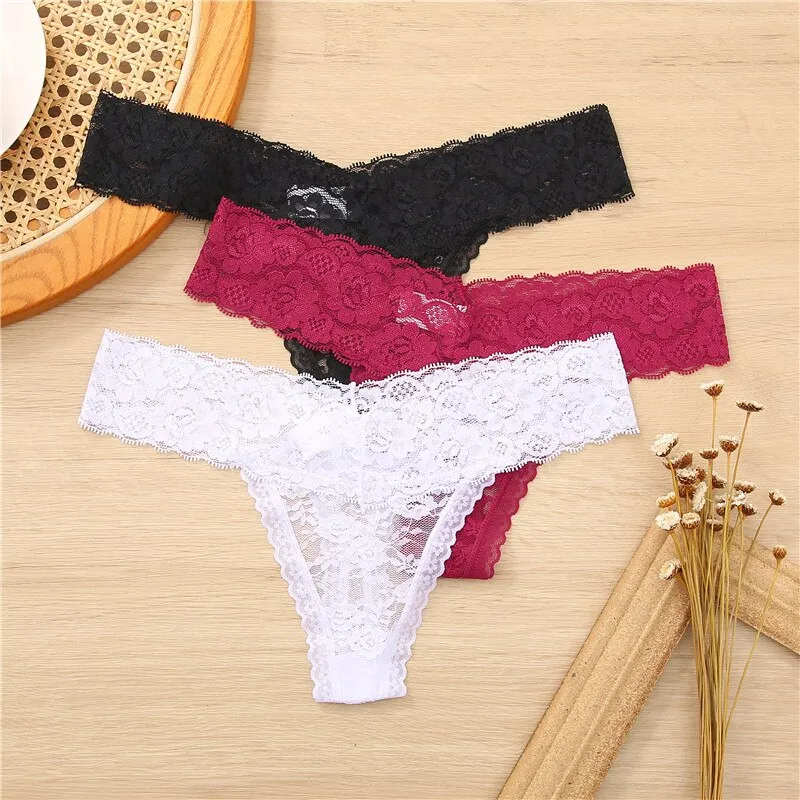 4PCS/Set Sexy G-string Lace Thongs Women's Panties Floral Transparent  T-Back Underwear Women Female Underpants Lingerie M-XL