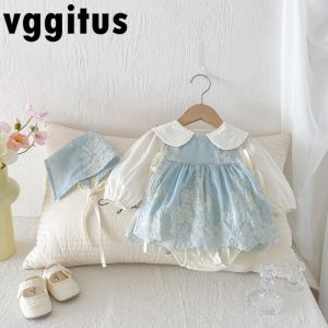 New Spring Autumn Baby Girl Bodysuit Lace Embroidery Long Sleeve Peter Pan Collar Newborn Jumpsuit with Cap Infant Outfit A53012026