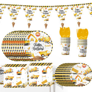 รถก่อสร้างสีเหลือง ตกแต่งงานเลี้ยงวันเกิด รถขุด อุปกรณ์ปาร์ตี้ ถาดกระดาษ กระดาษทิชชู่ ถ้วยกระดาษ ผ้าปูโต๊ะ ธง