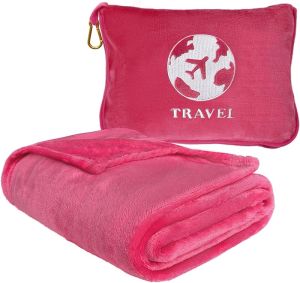 Bnuitland Travel Blanket and Pillow 2 in 1 Soft Flannel Airplane Blanket in Bag Compact-Long Flight Essential for Adults and Kids Portable Luggage Sleeve and Backpack Clip 65×40 inch Pink