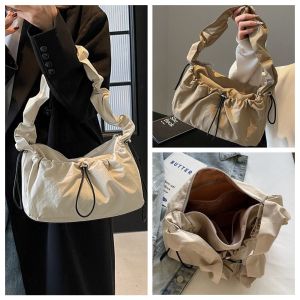 VL33H Korean Style Nylon Shoulder Bag Pleated Handbag Drawstring Bag Fashionable Lightweight Oxford Cloth Crossbody Bag Women