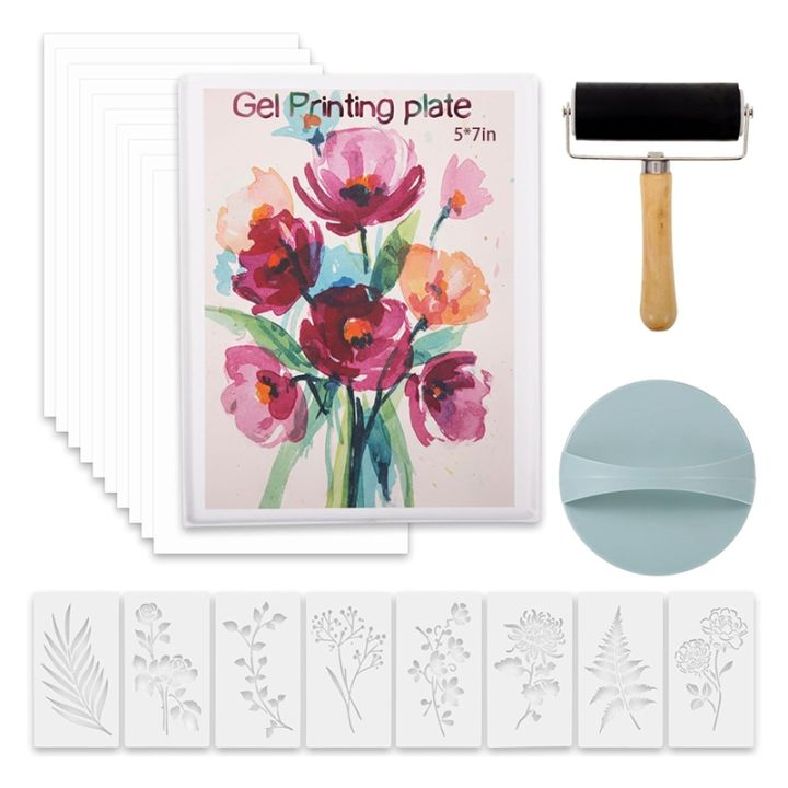 Printmaking Rice Powder Gel Printmaking Kit 5x7 Inch Plate Including Brayer Roller, Stencils ...