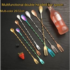Stainless Stirrer Spoon 2 Head/26/32cm Bartender Tools Long Handle Cocktail Milk Tea Stirrer Mixing  equipped with double heads and spiral design. Premium stainless steel material is rust-proof and easy to clean. Ideal for stirring cocktails milk tea