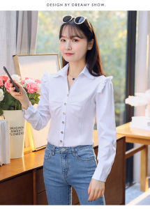 CS16 white shirt womens long sleeved professional V-neck workwear loose fitting work shirt