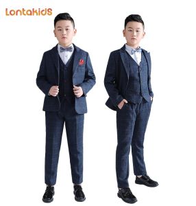 lontakids 4 Chiếc/5 Chiếc Cỡ Lỡn Cho Bé Trai Bộ Vest Kẻ Sọc Màu Xanh Dương Trang Phục Lễ Cưới Tuxedo Trang Trọng Bộ Quần Áo Quý Ông Dự Tiệc Trang Phục Biểu Diễn Cho Đàn Piano