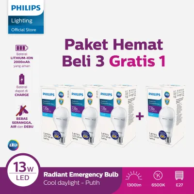 [Exclusive Lazada] Beli 3 Gratis 1 Lampu Philips Radiantline Emergency LEDBulb 13W 6500K Putih