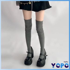 YoPo 1Pair Women Thick Cotton Long Girls Long Tube School Socks Black/White/Gray